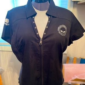 Women’s 2xl Harley Davidson black short sleeve shirt with zip front corset back